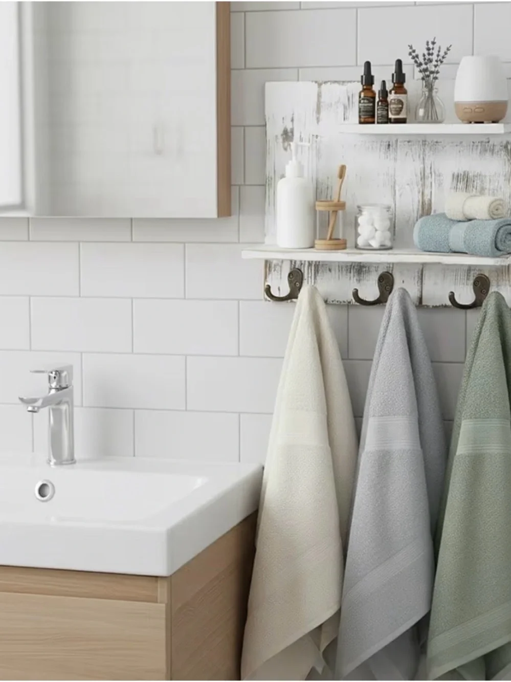 2 Tier Wood Bathroom Shelf w/3 Double Hooks White Washed Wall Mount Rack